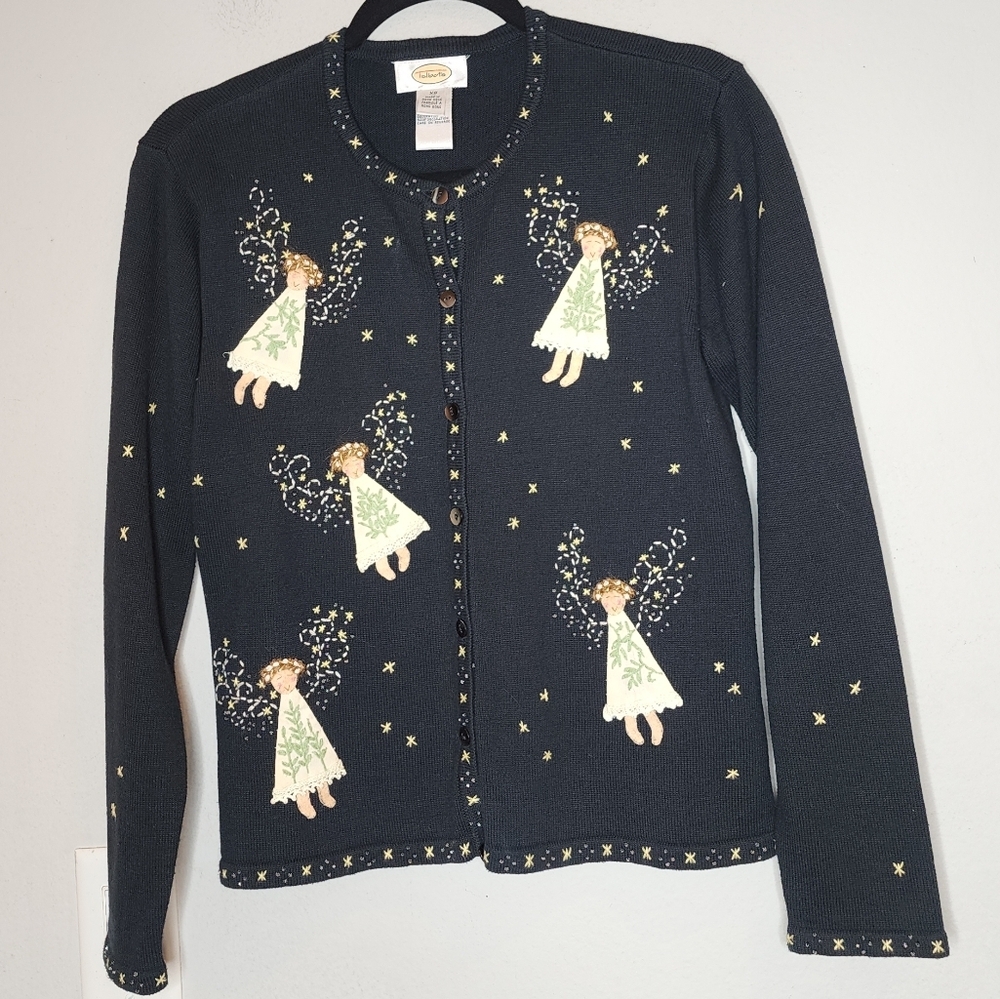 Talbots Angel Embroidered‎ Cotton Button Black Sweater Cardigan Christmas Vtg XS